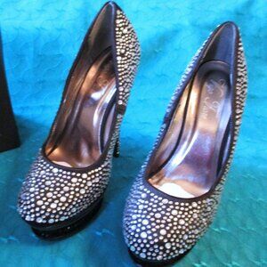 Vigo Fiore Irena Black Patent Leather Rhinestone Studded High Heel Pumps Size 8M